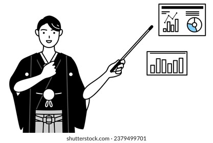 Man wearing Hakama with crest analyzing a performance graph, Vector Illustration