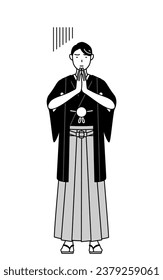 Man wearing Hakama with crest apologizing with his hands in front of his body, Vector Illustration