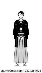 Man wearing Hakama with crest bowing with folded hands, Vector Illustration