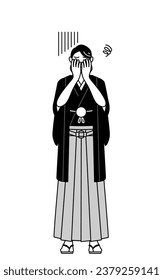 Man wearing Hakama with crest covering his face in depression, Vector Illustration