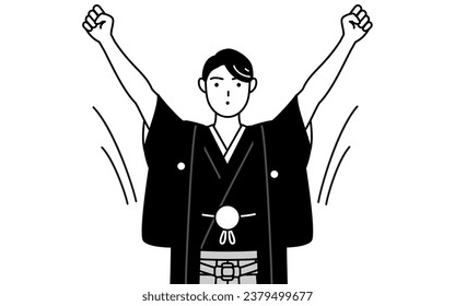 Man wearing Hakama with crest doing radio calisthenics, preparation for accident prevention, Vector Illustration