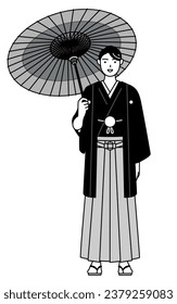 Man wearing Hakama with crest is holding a Japanese umbrella with smile, Vector Illustration