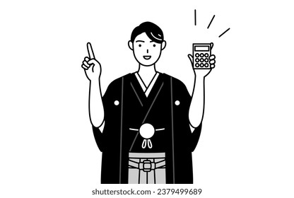 Man wearing Hakama with crest holding a calculator and pointing, Vector Illustration