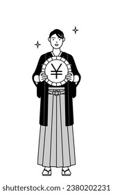Man wearing Hakama with crest an image of foreign exchange gains and yen appreciation, Vector Illustration