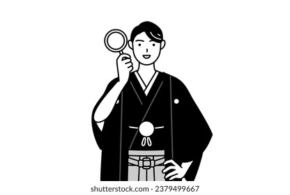 Hakama-Mann mit Kreist durch Lupenbrille, Vektorgrafik