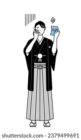 Man wearing Hakama with crest looking at his bankbook and feeling depressed, Vector Illustration