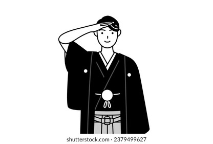 Man wearing Hakama with crest making a salute, Vector Illustration