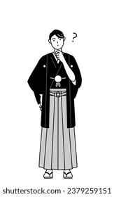 Man wearing Hakama with crest nodding his head in question, Vector Illustration