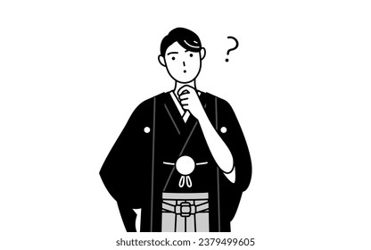 Man wearing Hakama with crest nodding his head in question, Vector Illustration