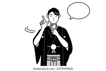 Man wearing Hakama with crest operating a smartphone, Vector Illustration