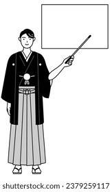 Man wearing Hakama with crest pointing at a whiteboard with an indicator stick, Vector Illustration