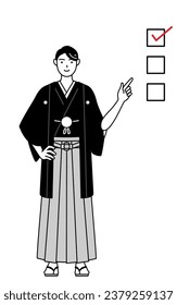 Hombre usando Hakama con cresta apuntando a una lista de verificación, Ilustración vectorial