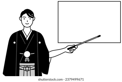 Man wearing Hakama with crest pointing at a whiteboard with an indicator stick, Vector Illustration