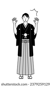 Man wearing Hakama with crest raising his hand in surprise, Vector Illustration
