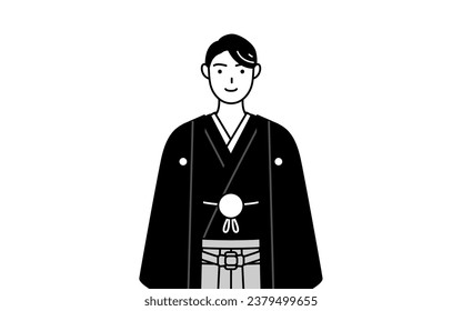 Man wearing Hakama with crest with a smile facing forward, Vector Illustration