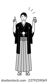 Man wearing Hakama with crest taking security measures for his phone, Vector Illustration
