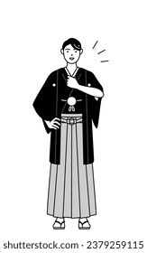 Man wearing Hakama with crest tapping his chest, Vector Illustration