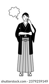 Man wearing Hakama with crest thinking while scratching his face, Vector Illustration