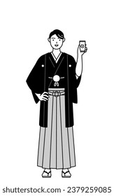 Man wearing Hakama with crest using a smartphone at work, Vector Illustration