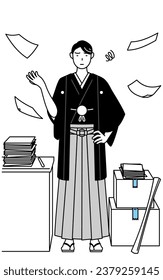 Man wearing Hakama with crest who is fed up with his unorganized business, Vector Illustration