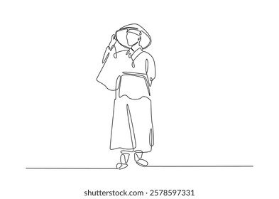 Man wearing hanbok with hat or heuklip in continuous one line drawing. Single line art draw of Korean Man wearing traditional cloth . Editable vector.