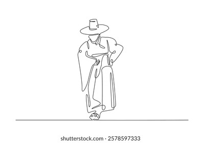 Man wearing hanbok with hat or heuklip in continuous one line drawing. Single line art draw of Korean Man wearing traditional cloth . Editable vector.