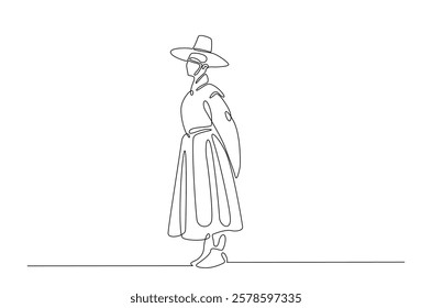 Man wearing hanbok with hat or heuklip in continuous one line drawing. Single line art draw of Korean Man wearing traditional cloth . Editable vector.