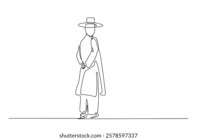 Man wearing hanbok with hat or heuklip in continuous one line drawing. Single line art draw of Korean Man wearing traditional cloth . Editable vector.