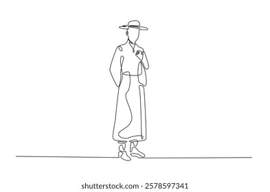 Man wearing hanbok with hat or heuklip in continuous one line drawing. Single line art draw of Korean Man wearing traditional cloth . Editable vector.