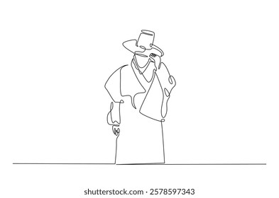 Man wearing hanbok with hat or heuklip in continuous one line drawing. Single line art draw of Korean Man wearing traditional cloth . Editable vector.