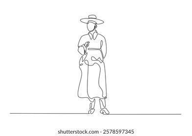 Man wearing hanbok with hat or heuklip in continuous one line drawing. Single line art draw of Korean Man wearing traditional cloth . Editable vector.