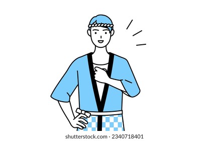 Man wearing Happi coat for summer festivals tapping his chest, Vector Illustration