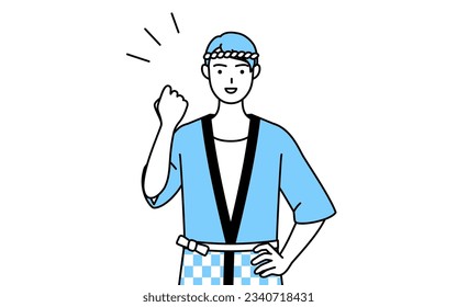 Man wearing Happi coat for summer festivals posing with guts, Vector Illustration