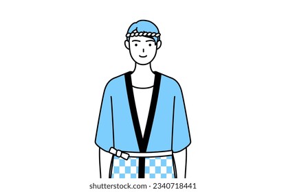 Man wearing Happi coat for summer festivals with a smile facing forward, Vector Illustration