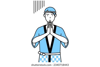 Man wearing Happi coat for summer festivals apologizing with his hands in front of his body, Vector Illustration