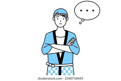 Man wearing Happi coat for summer festivals with crossed arms, deep in thought, Vector Illustration