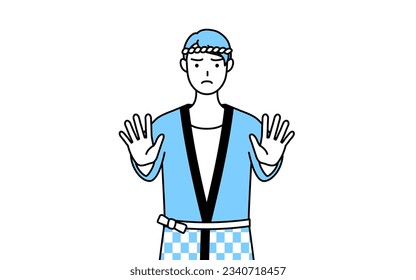 Man wearing Happi coat for summer festivals with his hands out in front of his body, signaling a stop, Vector Illustration