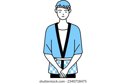 Man wearing Happi coat for summer festivals bowing with folded hands, Vector Illustration