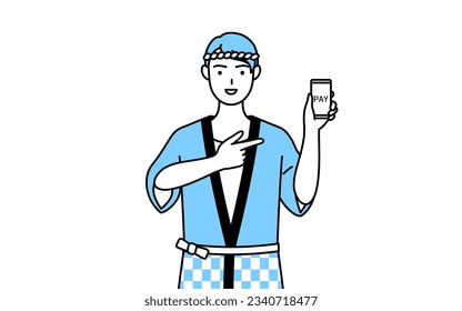 Man wearing Happi coat for summer festivals recommending cashless online payments on a smartphone, Vector Illustration