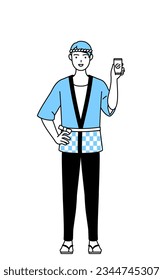 Man wearing Happi coat for summer festivals using a smartphone at work, Vector Illustration