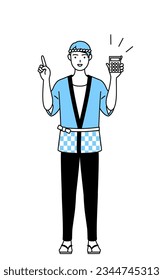 Man wearing Happi coat for summer festivals holding a calculator and pointing, Vector Illustration