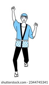 Man wearing Happi coat for summer festivals smiling and jumping, Vector Illustration