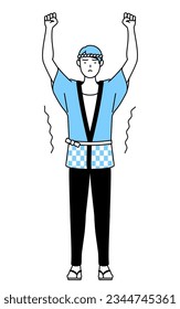 Man wearing Happi coat for summer festivals stretching and standing tall, Vector Illustration