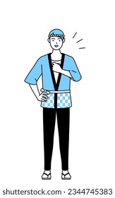 Man wearing Happi coat for summer festivals tapping his chest, Vector Illustration