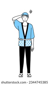 Man wearing Happi coat for summer festivals scratching his head in distress, Vector Illustration