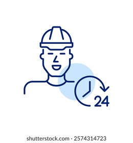 Man wearing hard hat and 24 hours clock. Construction safety, constant web development and engineering. Pixel perfect, editable stroke icon