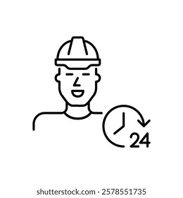 Man wearing hard hat and 24 hours clock. Construction safety, constant web development and engineering. Pixel perfect vector icon