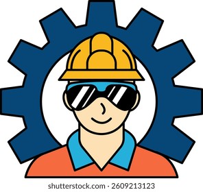 A man wearing a hard hat and sunglasses is smiling in front of a large gear. Concept of safety and protection, as the man is wearing a hard hat and sunglasses