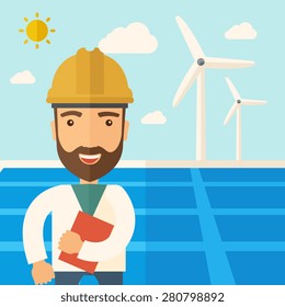 A man wearing hardhat smiling under the heat of the sun with solar panels and windmills. A Contemporary style with pastel palette, soft blue tinted background with desaturated clouds. Vector flat