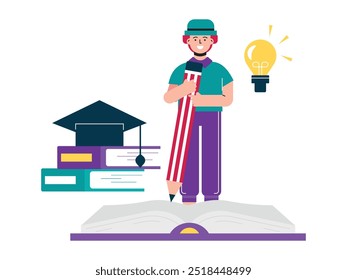 Man wearing hat is about to write in book with big pen, creative idea. Character design. Vector flat illustration